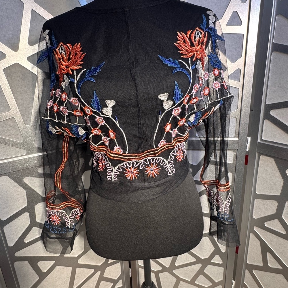 Signature8 Black Sheer Floral Embroidered Blouse